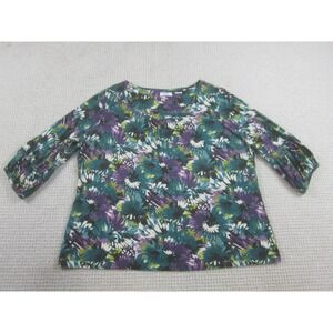 Liz & Co Shirt Womens 1X Plus Green 3/4 Sleeve Casual Blouse‎ Floral Print Woman
